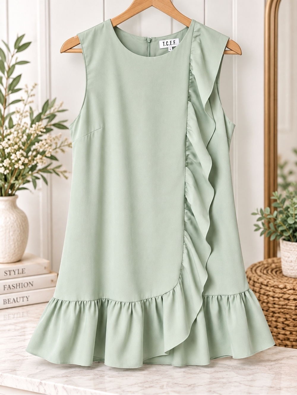 Sage Green Cascading Ruffle Shift Mini Dress | Size Large